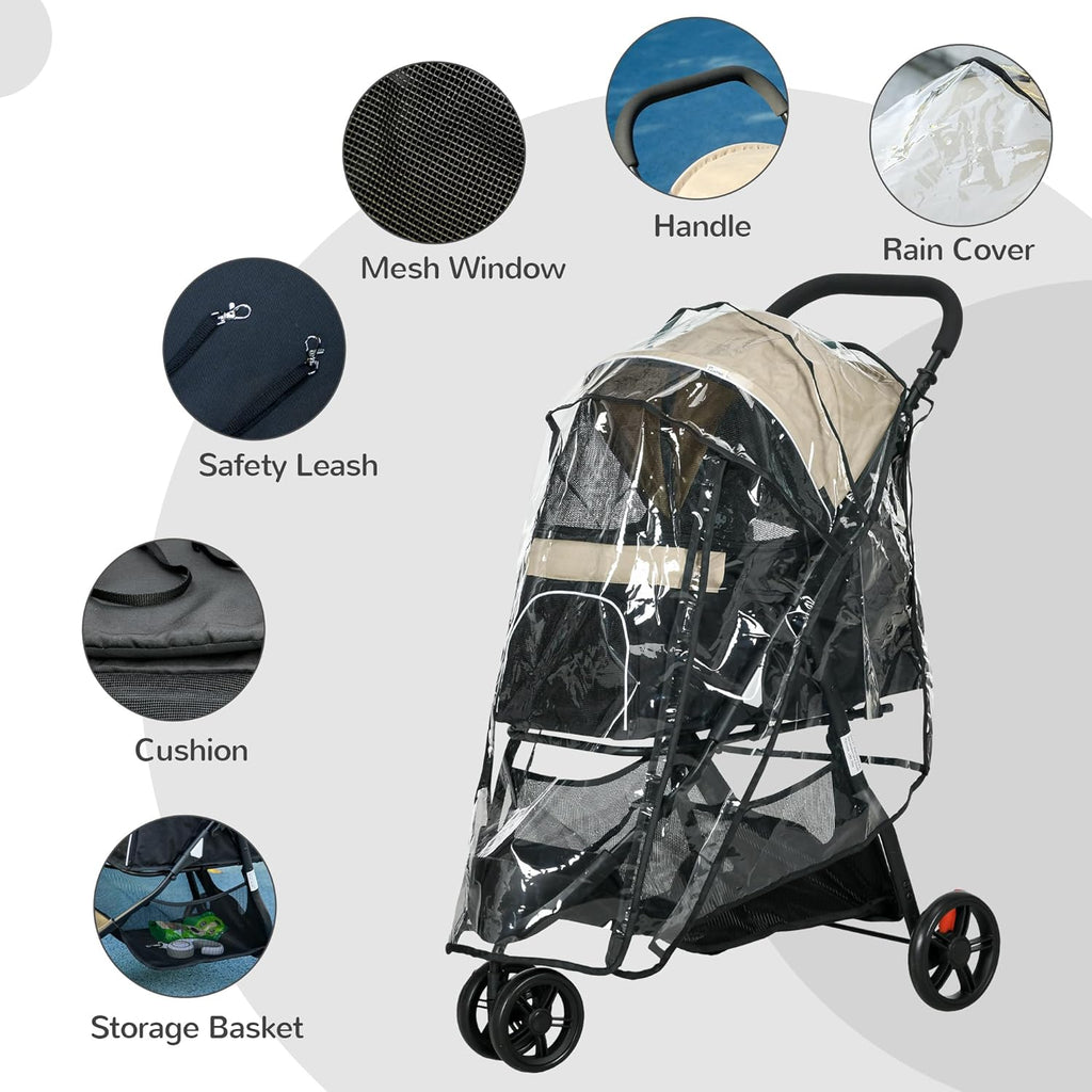 PawHut Three-Wheel Pet Stroller with Rain Cover