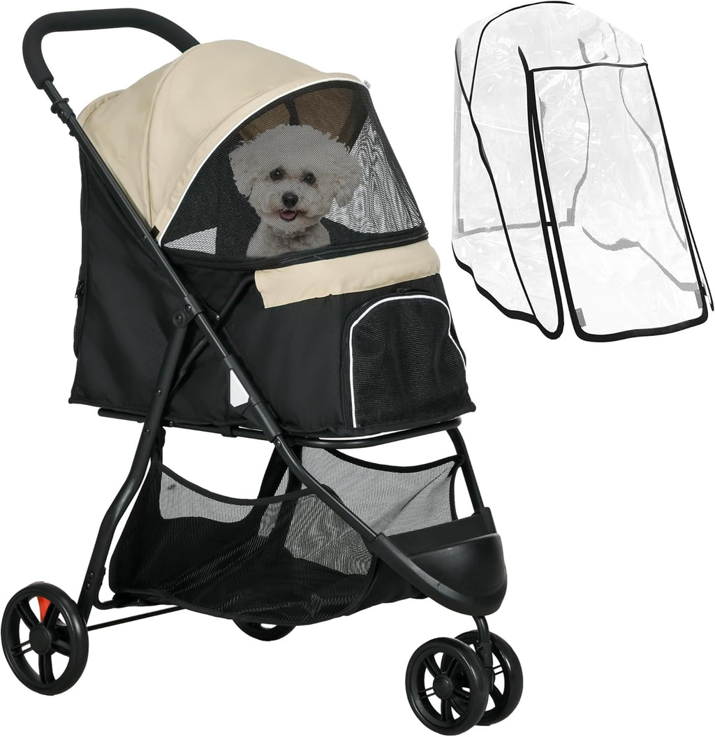 PawHut Three-Wheel Pet Stroller with Rain Cover